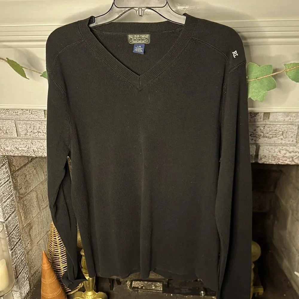 Vintage Polo Jeans Company Black V-Neck Cotton Sweater Men's Large Ralph Lauren